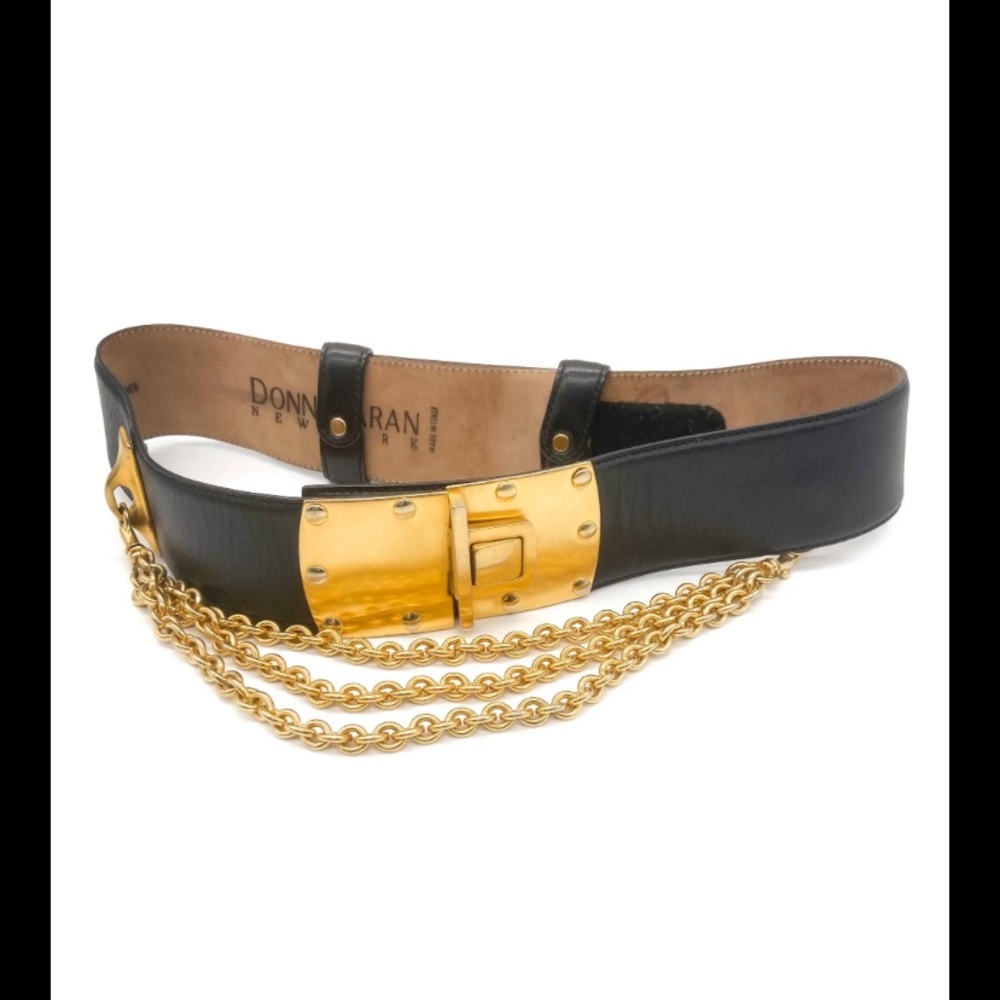 Vintage Donna Karan Black Leather Belt with Gold Buckle & Chain Drape Details